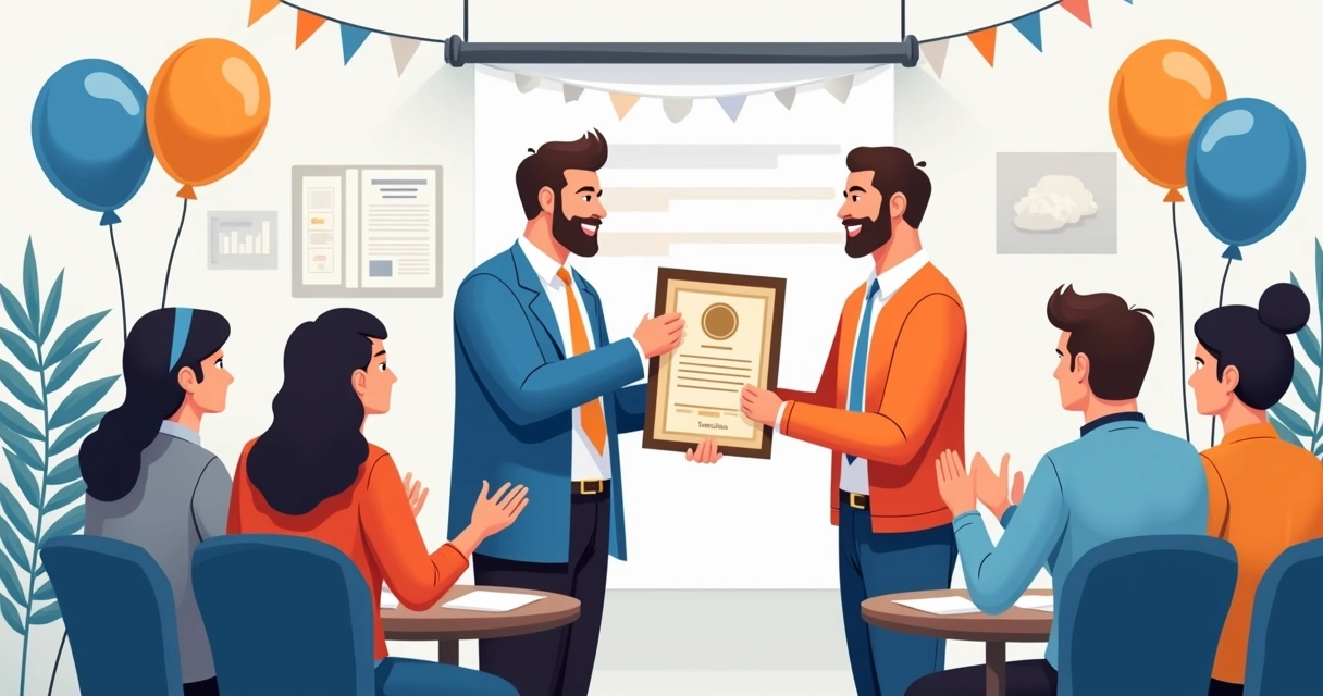 Gestor entregando placa de reconhecimento a colaborador em evento corporativo 