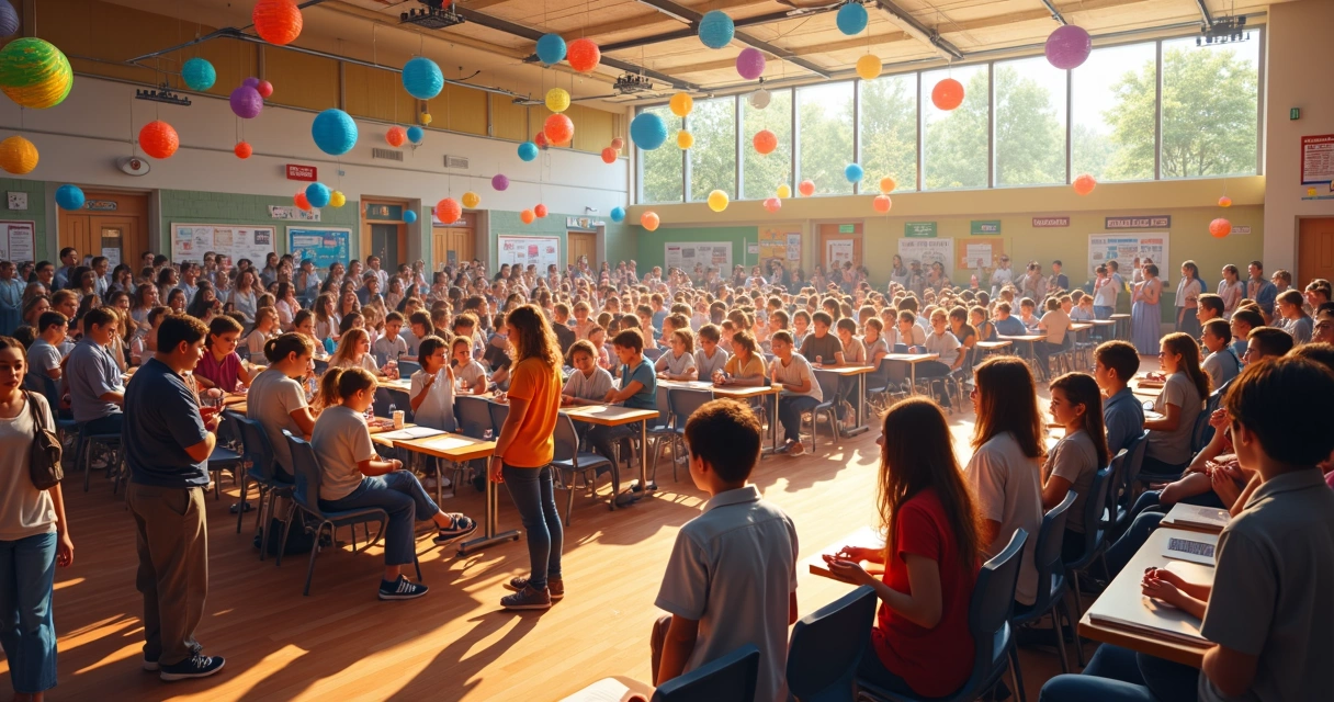 Pais, alunos e professores juntos em evento escolar, conversando animados 