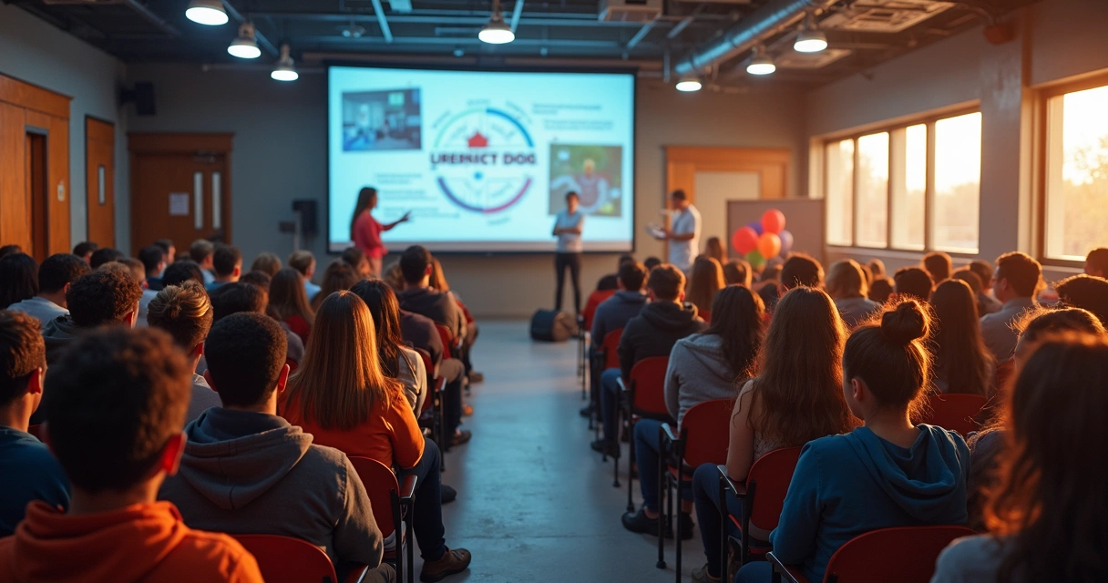 Auditório de escola com pais e alunos em evento de apresentação