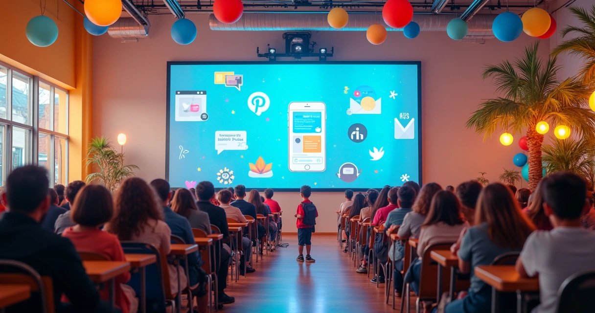 Evento escolar integrando painel digital e atividades presenciais