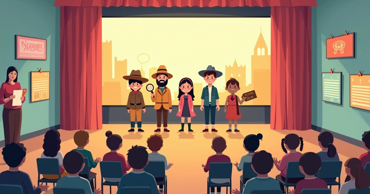 Auditório escolar decorado com referência a filmes clássicos 