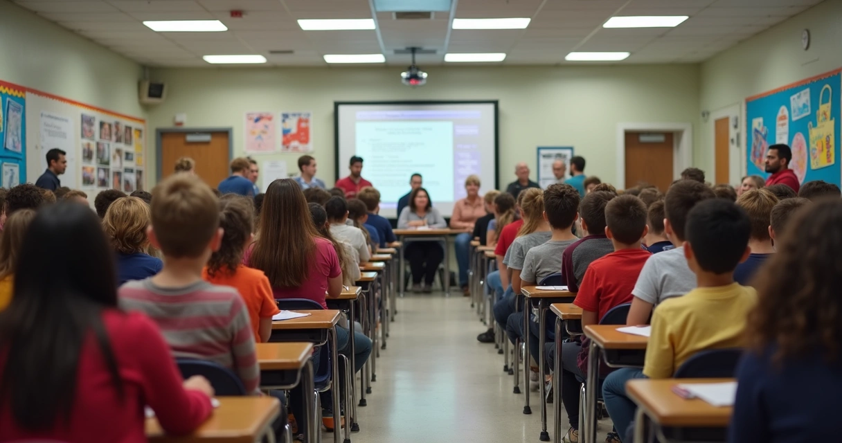 Sala de aula cheia durante evento escolar 