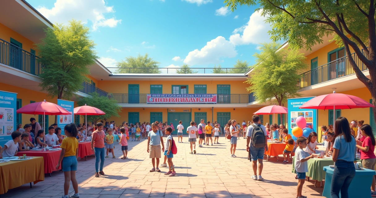 Evento escolar movimentado com alunos, pais e professores. 