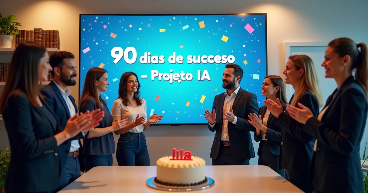 Equipe jurídica celebrando sucesso do projeto de IA