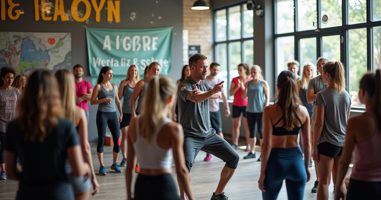 Alunos reunidos em evento especial de academia, com instrutor explicando dinâmica fitness 