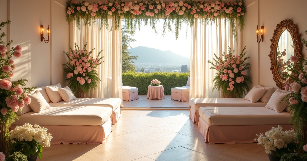 Espaço para dia da noiva no spa com varanda, flores e decoração romântica 