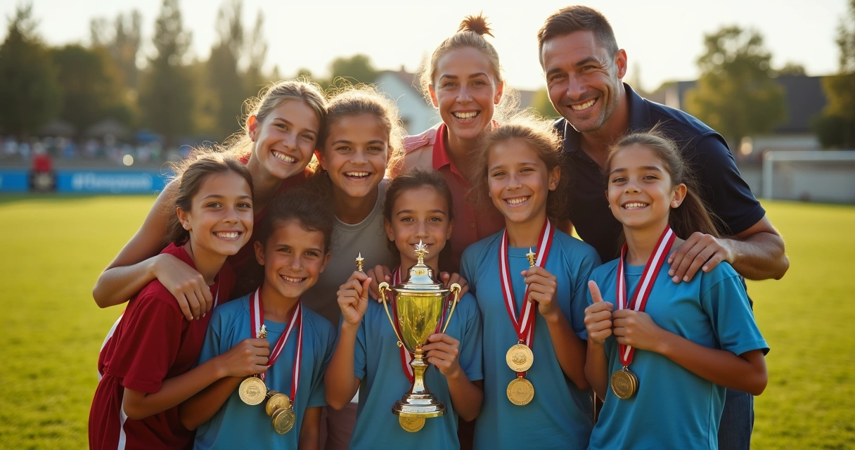 Pais, alunos e treinadores em evento esportivo, comemorando juntos 