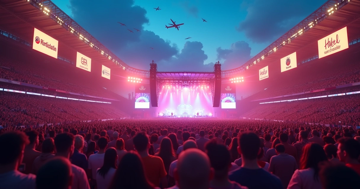 Público animado em estádio esportivo com palco de show ao fundo, iluminação colorida e elementos de turismo 