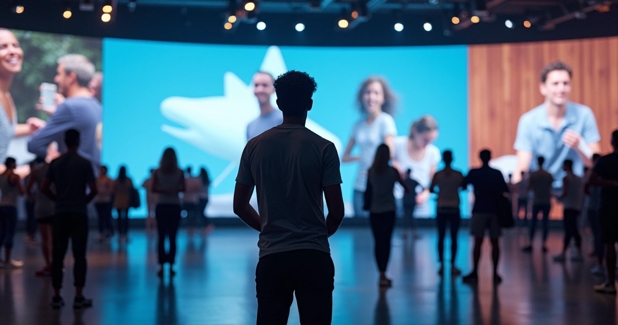 Pessoa participando de evento interativo físico com conexão digital 