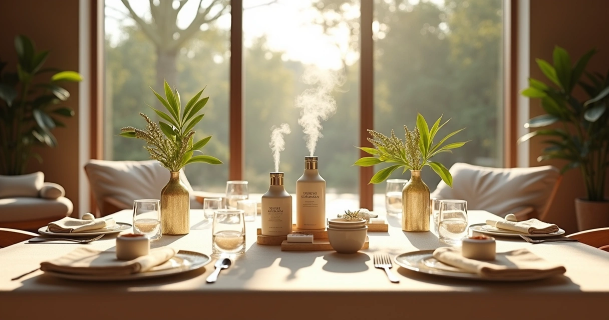 Sala de spa luxuosa preparada para evento de lançamento com decoração natural e mesa sofisticada