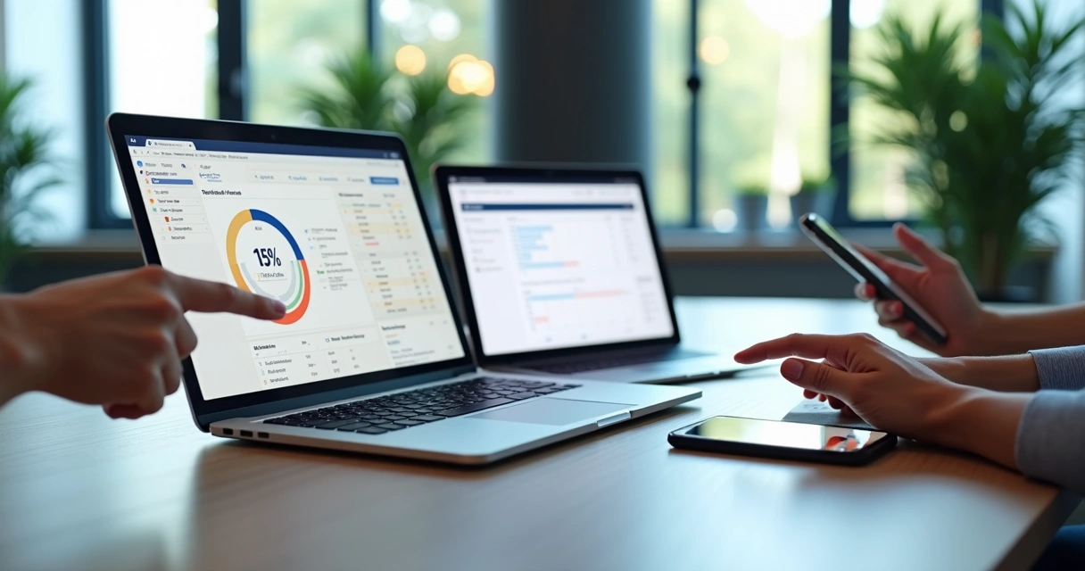 Mesa de conferência com laptop, tablet e smartphone exibindo ferramentas digitais de feedback em tempo real durante evento corporativo 