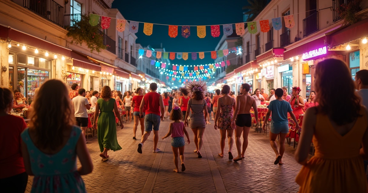 Festa de Carnaval de rua à noite em Rio Preto com luzes e foliões 