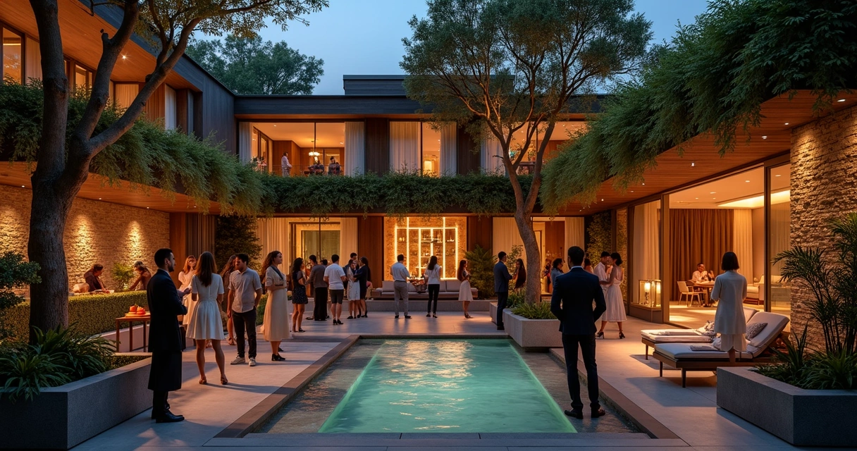 Ambiente sofisticado para evento noturno com pessoas confraternizando em spa de luxo 