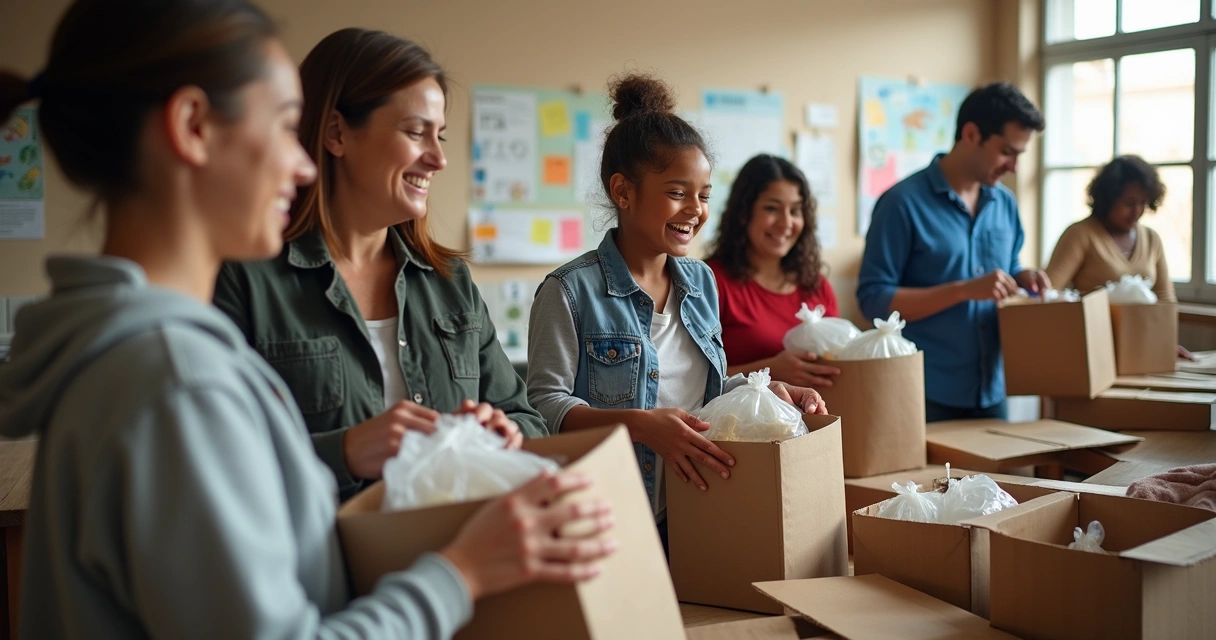 Equipe de voluntários sorrindo e organizando doações em associação filantrópica 