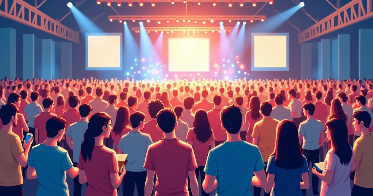 Evento corporativo com todos participantes vestindo camisetas iguais, felizes 