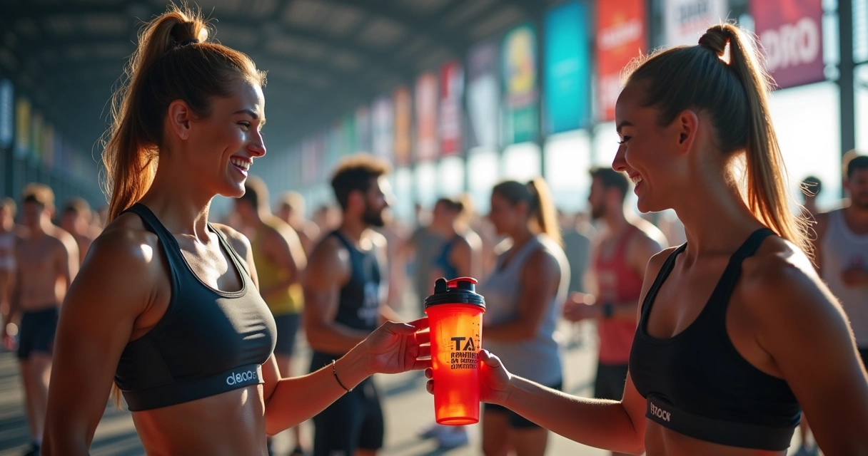 Momento de entrega de brindes fitness em evento 