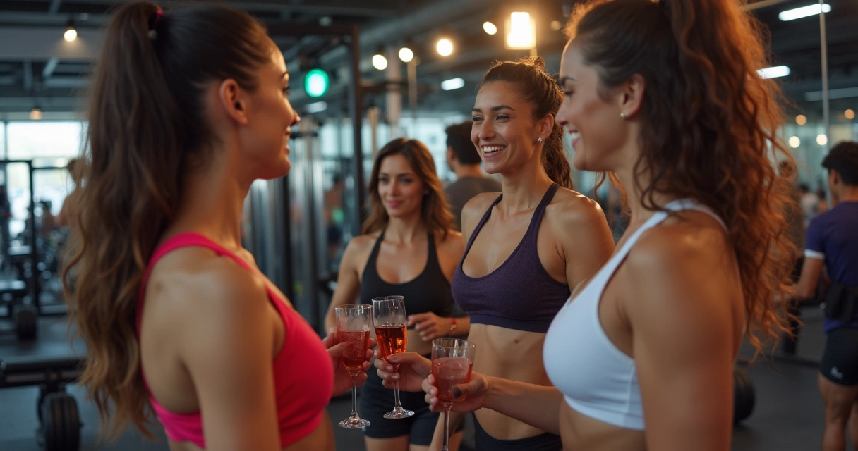 Estande de evento fitness com coqueteleiras personalizadas em destaque, pessoas interagindo e influenciadores promovendo a marca 