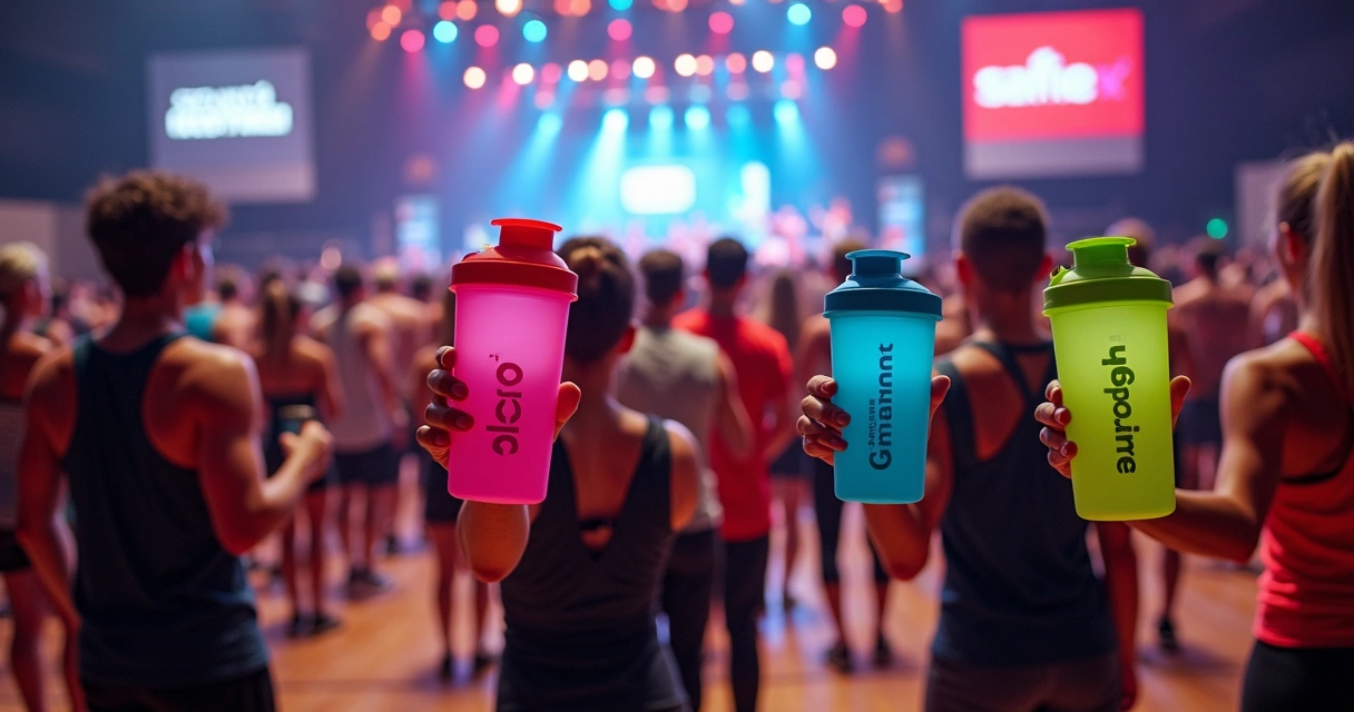 Pessoas segurando várias coqueteleiras personalizadas em um evento fitness