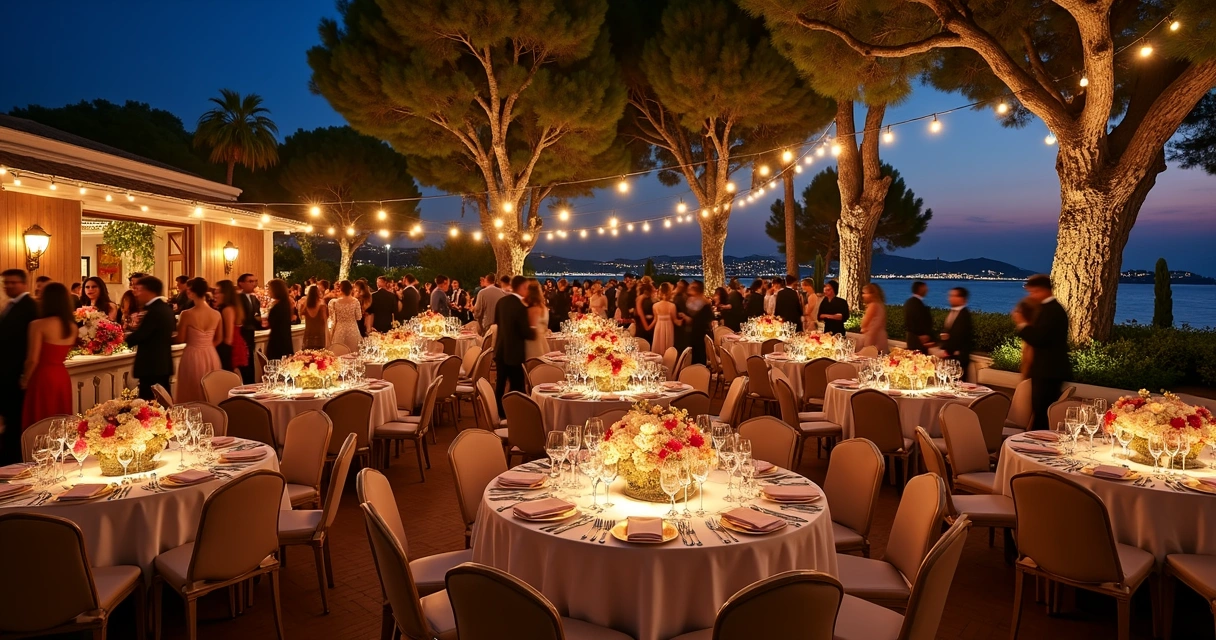 Evento noturno elegante em Marbella com pessoas vestidas formalmente 