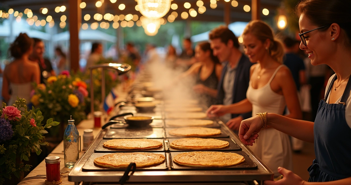 Buffet de crepes bem organizado em evento elegante 