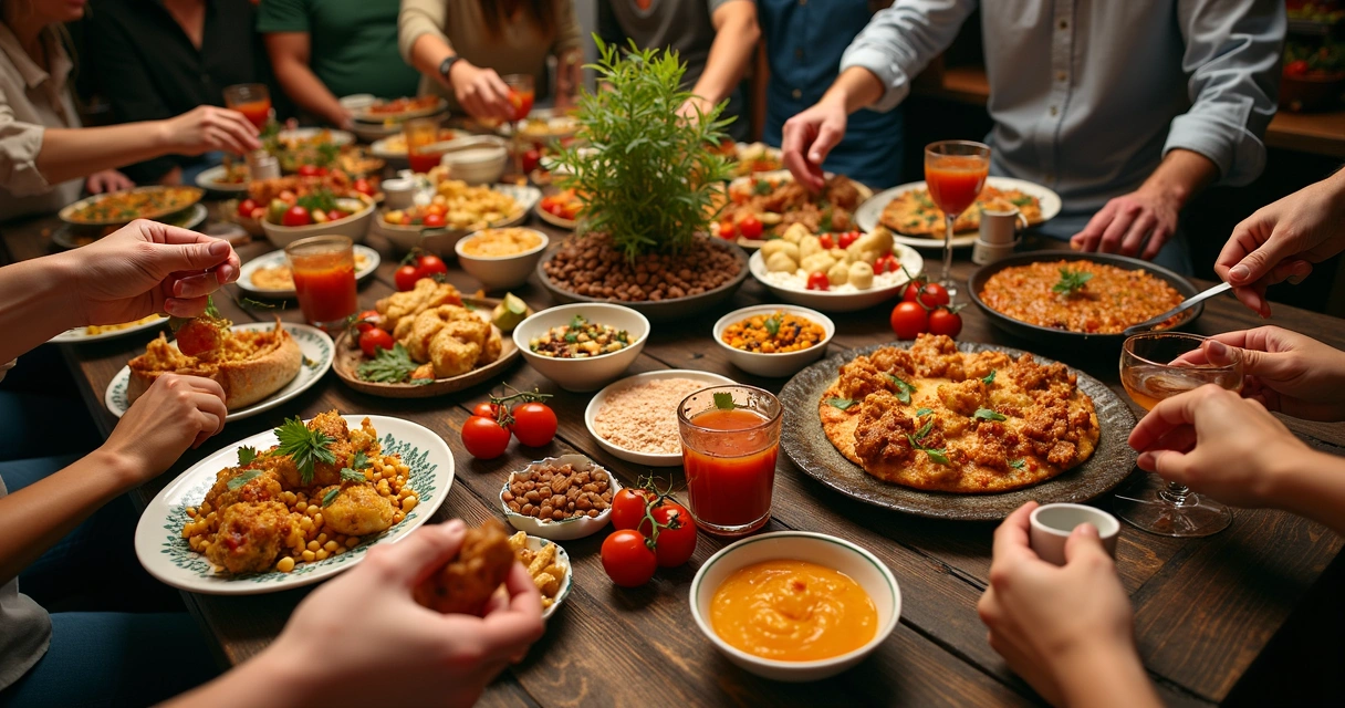 Mesa com pratos brasileiros e espanhóis em evento de integração cultural 