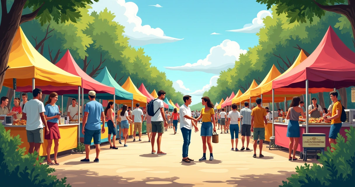 Festival gastronômico ao ar livre com barracas de comida e pessoas caminhando 