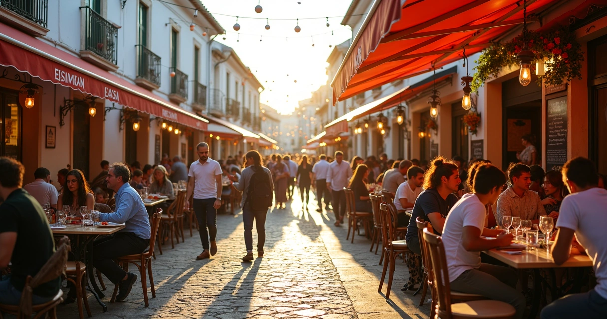 Rua com evento gastronómico e esplanadas locais 