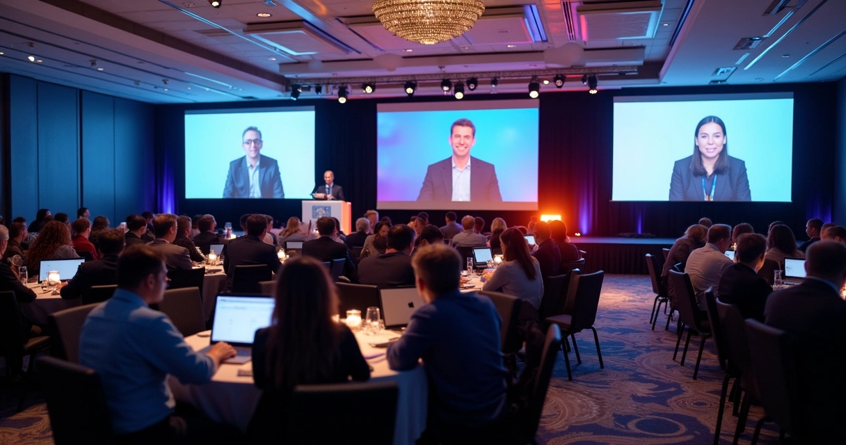 Participantes em evento híbrido assistindo palestrante em tela grande 