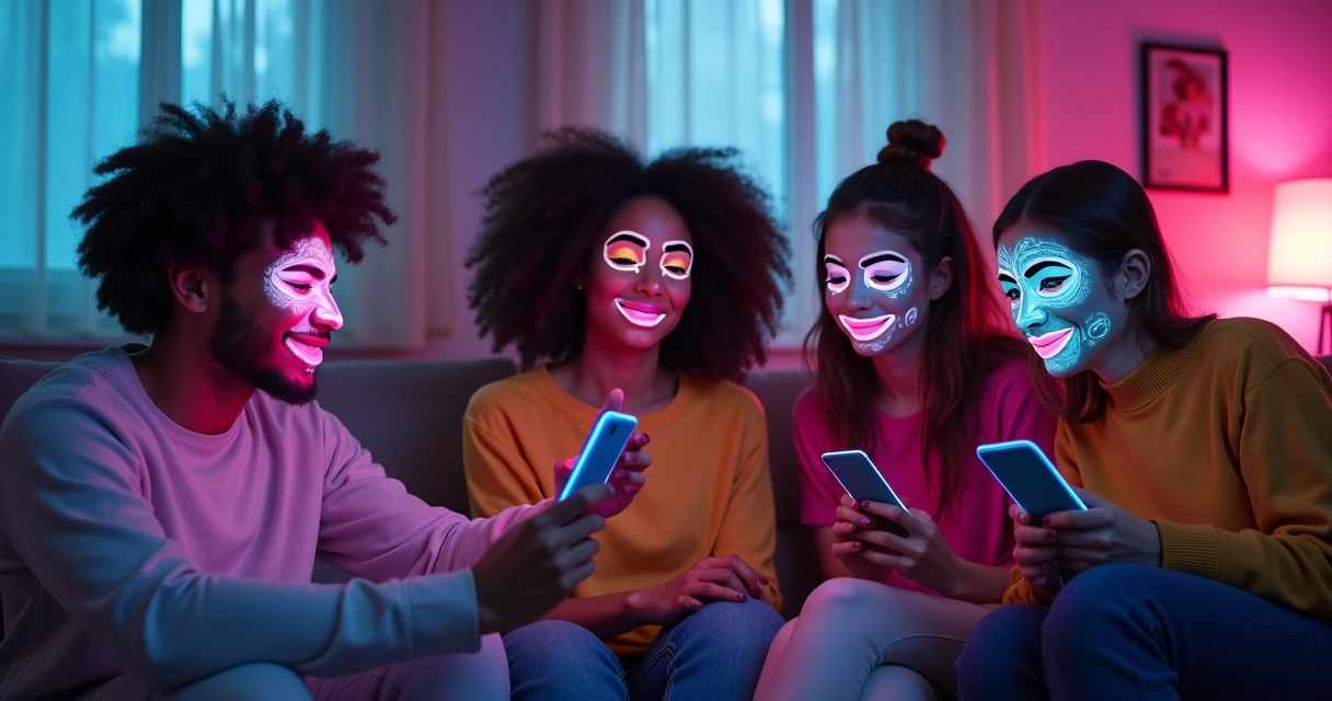 Pessoas usando filtro de maquiagem RA em evento virtual 