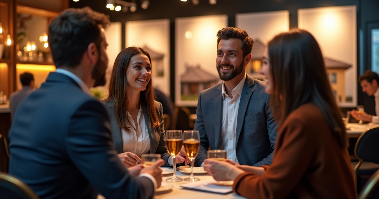 Pessoas conversando em coquetel de evento imobiliário com banners de imóveis 