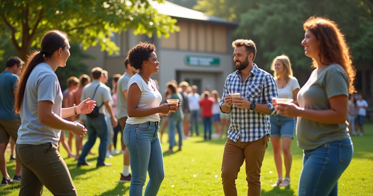 Evento de equipe com pessoas de origens e idades variadas. 