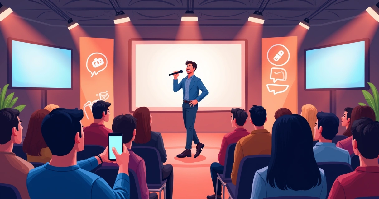 Influenciador em evento presencial interagindo com público variado 