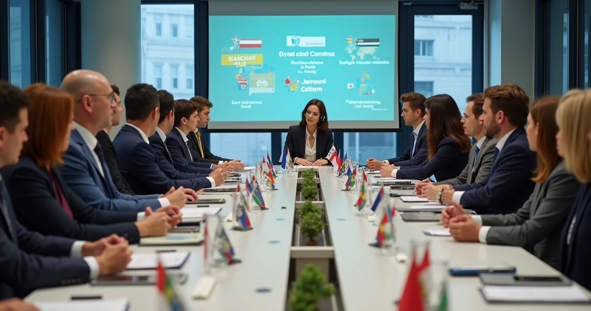 Reunião internacional com intérprete fazendo tradução simultânea 