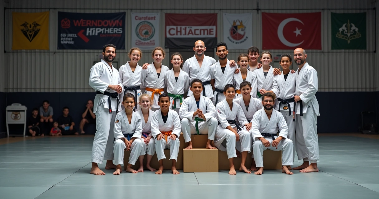 Alunos e instrutor de Jiu-Jitsu comemorando em evento interno na academia 