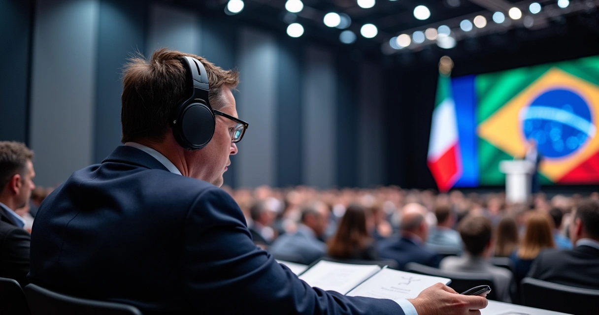 Intérprete traduz discurso em evento italiano internacional 