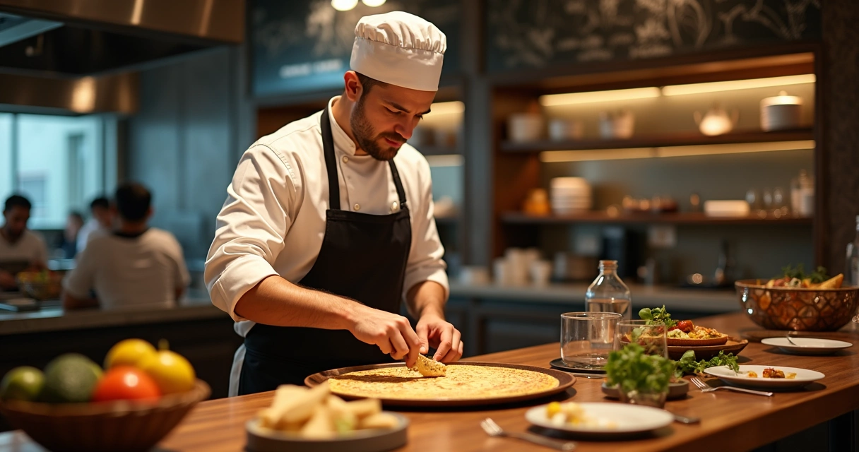Chef preparando crepe ao vivo em evento íntimo 