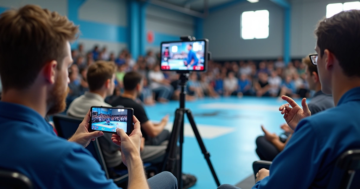 Pessoas assistindo competição de Jiu-Jitsu transmitida por celular em evento esportivo 