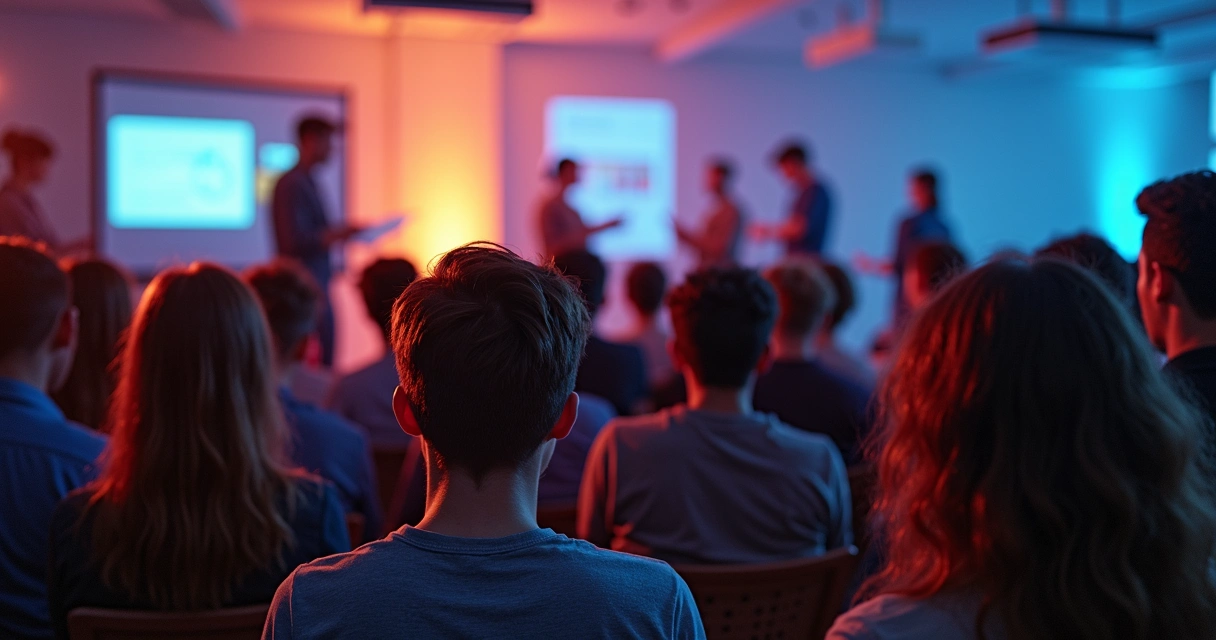 Grupo de jovens aprendendo com mentores em evento 