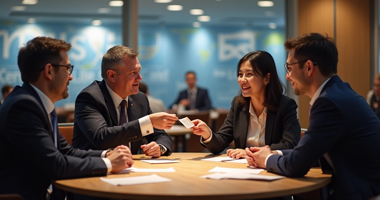 Advogados em evento de networking conversando ao redor de uma mesa. 