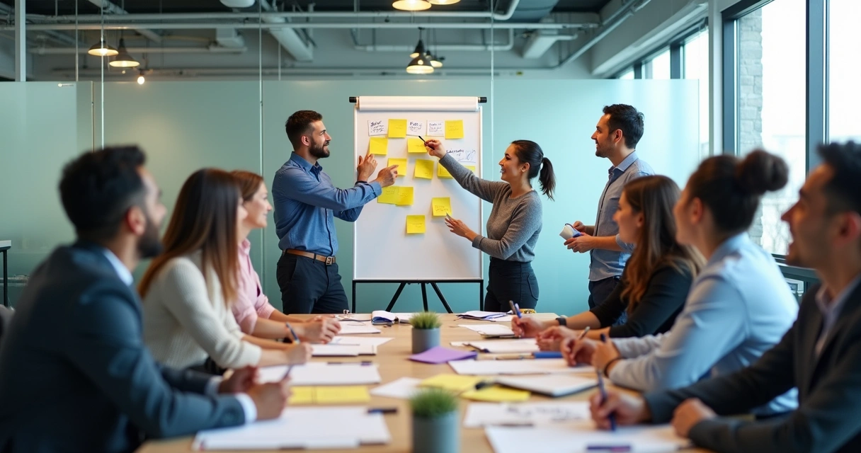 Colaboradores participando de evento Kaizen em sala de reunião 