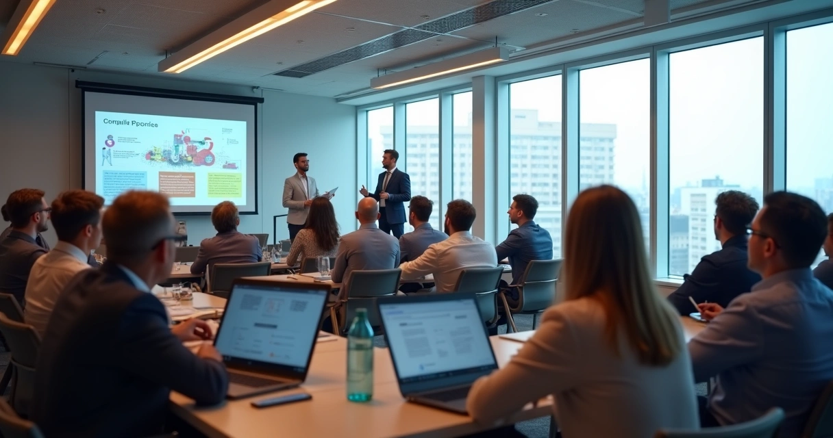 Evento de lançamento de consultoria, consultor apresentando para empresários atentos 