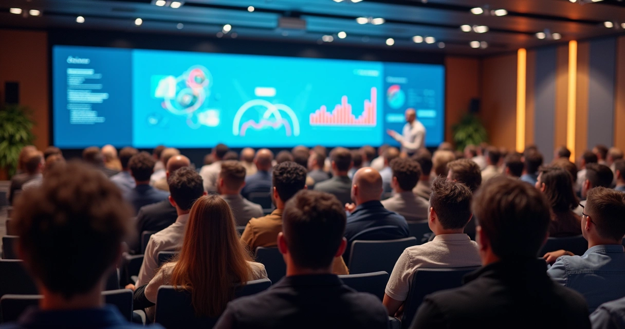 Profissionais assistindo palestra de marketing digital em grande auditório