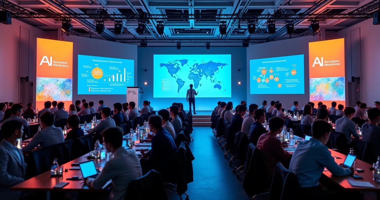 Profissionais em um evento de marketing digital com telas exibindo gráficos de IA e pessoas conectadas