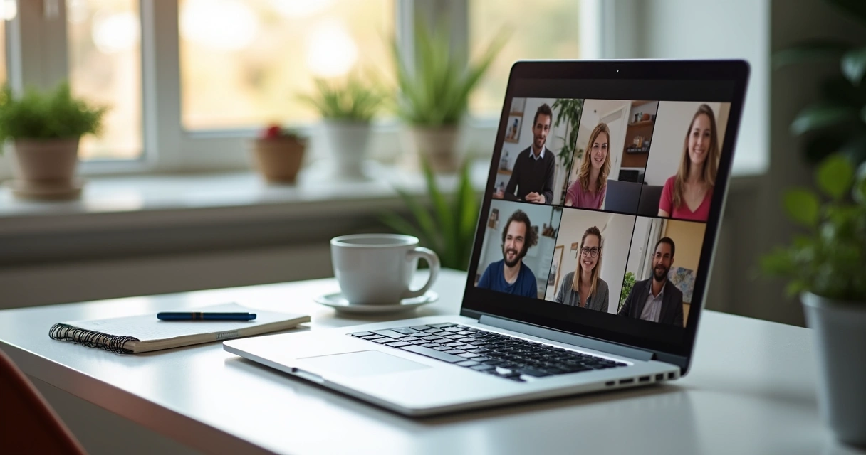 Transmissão online de evento de marketing digital em notebook, com anotações ao lado 