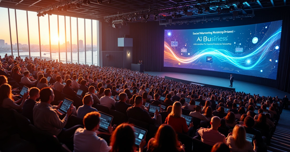 Vista aérea de auditório em San Diego com painel sobre marketing digital e IA 