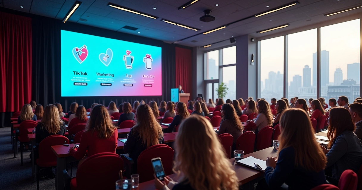 Auditório de evento de marketing com mulheres assistindo palestra sobre TikTok 