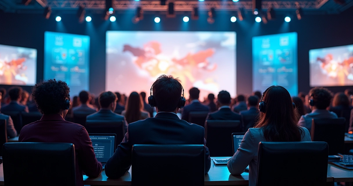 Palco de evento empresarial com participantes ouvindo tradução em diferentes idiomas por meio de fones de ouvido 
