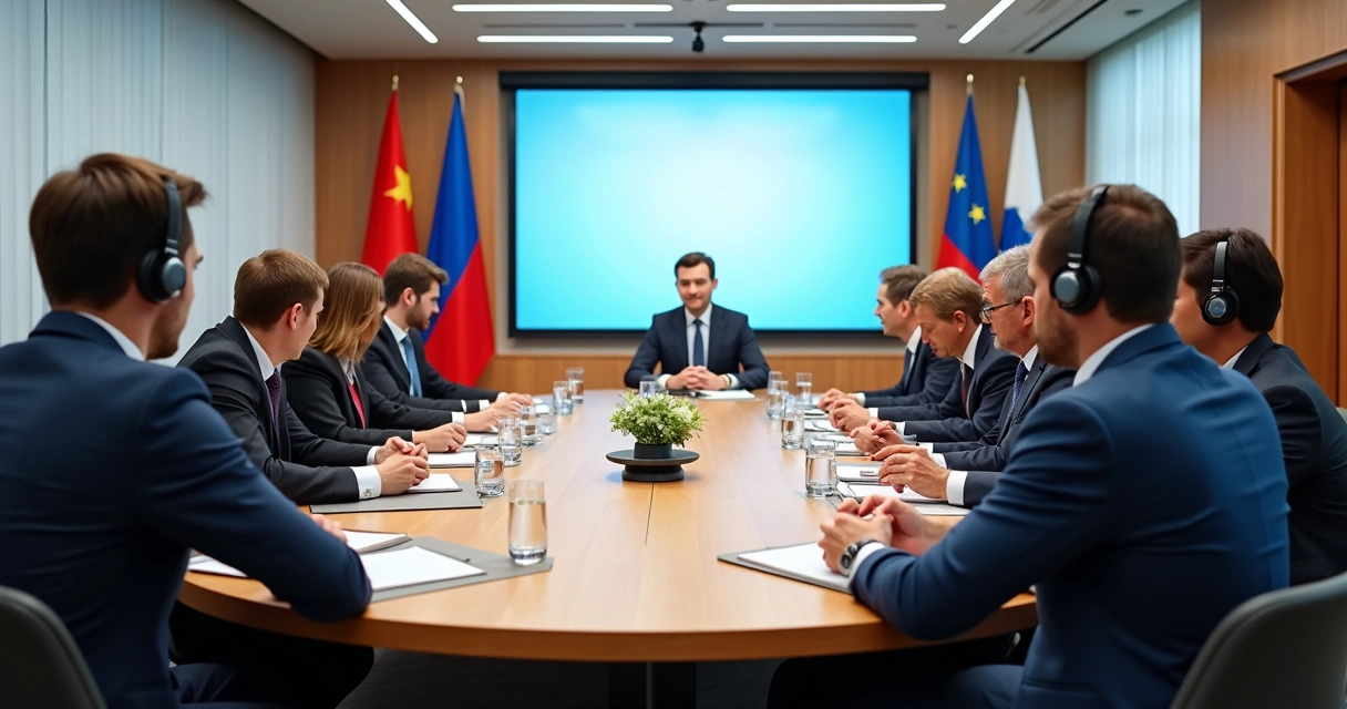 Mesa redonda com intérprete de inglês atuando em evento empresarial 