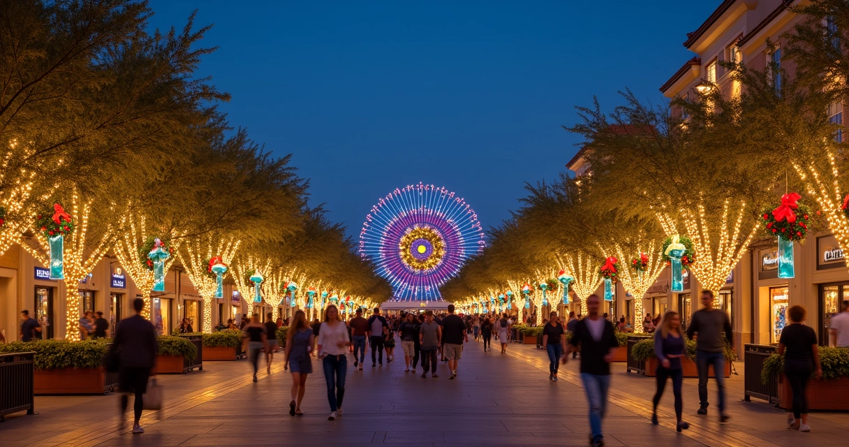 Decoração natalina, árvores e luzes em Disney Springs durante evento de fim de ano 