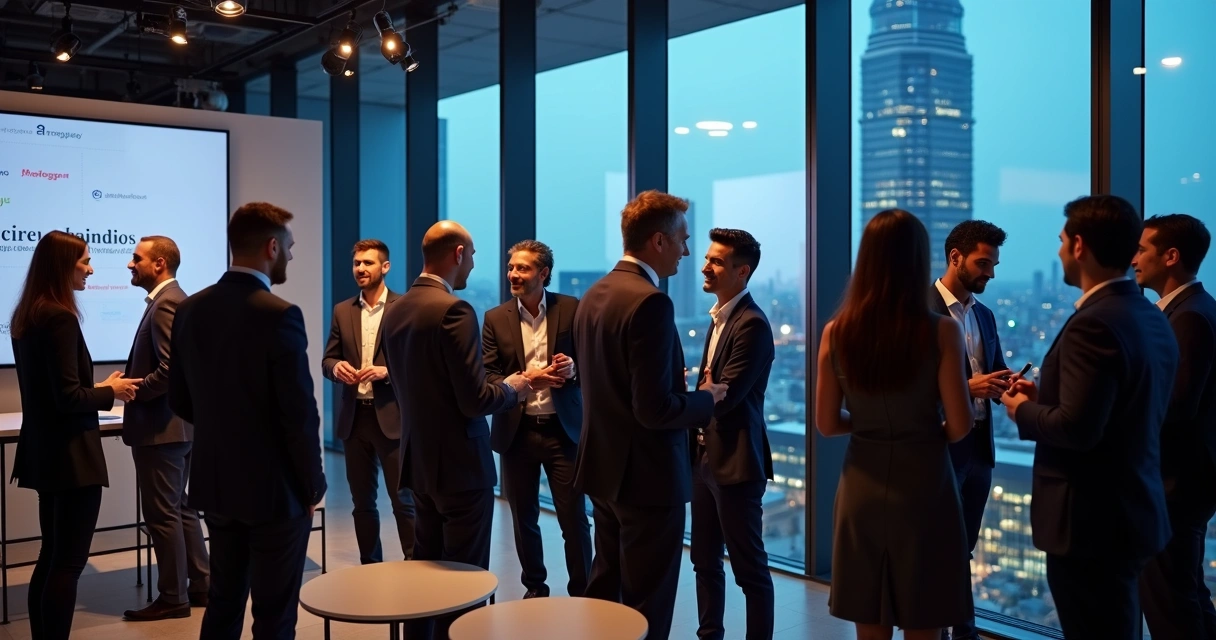 Grupo de empresários conversando em evento de networking de negócios 